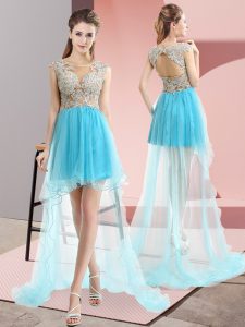Ideal Aqua Blue Lace Up Scoop Beading Prom Gown Tulle Sleeveless Sweep Train