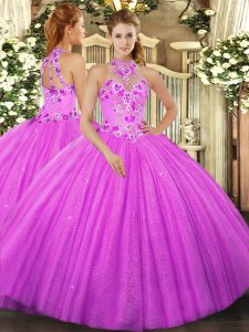 Delicate Sleeveless Floor Length Beading and Embroidery Lace Up Sweet 16 Quinceanera Dress with Fuchsia