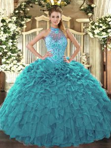  Teal Lace Up Halter Top Beading and Embroidery and Ruffles Quinceanera Dress Organza Sleeveless