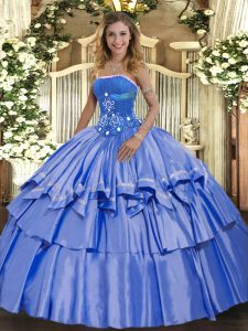 High End Strapless Sleeveless Lace Up Quinceanera Dress Blue Organza and Taffeta