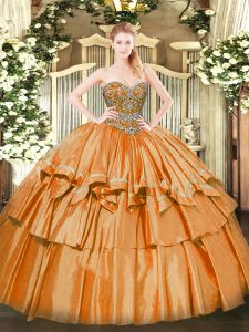  Orange Lace Up Ball Gown Prom Dress Beading and Ruffled Layers Sleeveless Floor Length