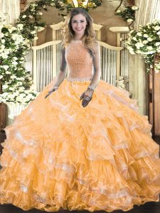  Floor Length Orange Sweet 16 Dress Organza Sleeveless Beading and Ruffled Layers