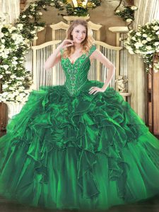 High Quality Green Ball Gowns Beading and Ruffles Ball Gown Prom Dress Lace Up Organza Sleeveless Floor Length