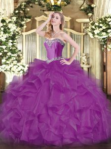  Floor Length Lace Up Sweet 16 Quinceanera Dress Fuchsia for Military Ball and Sweet 16 and Quinceanera with Beading and Ruffles