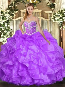 Edgy Lavender Ball Gowns Sweetheart Sleeveless Organza Floor Length Lace Up Beading and Ruffles Quince Ball Gowns