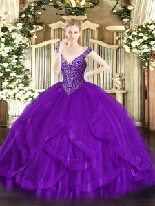 Stunning Purple Sleeveless Tulle Lace Up Vestidos de Quinceanera for Military Ball and Sweet 16 and Quinceanera