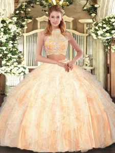 Exceptional Peach Two Pieces Tulle Halter Top Sleeveless Beading and Ruffles Floor Length Criss Cross Quinceanera Dress