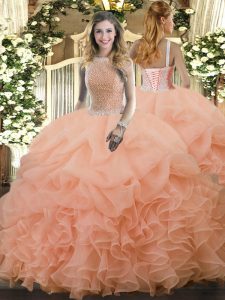  High-neck Sleeveless Organza Quinceanera Dresses Beading and Ruffles and Pick Ups Lace Up