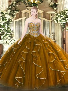 Stunning Brown Ball Gowns Tulle Sweetheart Sleeveless Beading and Ruffles Floor Length Lace Up Sweet 16 Quinceanera Dress