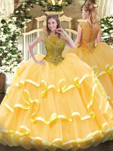  Cap Sleeves Organza Floor Length Zipper 15 Quinceanera Dress in Gold with Beading and Ruffled Layers