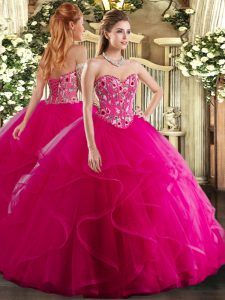  Floor Length Lace Up Vestidos de Quinceanera Fuchsia for Military Ball and Sweet 16 and Quinceanera with Embroidery and Ruffles