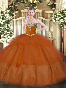  Rust Red Tulle Lace Up Sweetheart Sleeveless Floor Length Quinceanera Gown Beading and Ruffled Layers