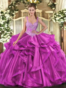 Spectacular Floor Length Lace Up Quinceanera Gowns Fuchsia for Military Ball and Sweet 16 and Quinceanera with Beading and Ruffles