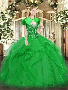 High Class Floor Length Green Quinceanera Dress Tulle Sleeveless Beading and Ruffles