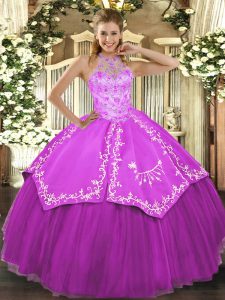 Charming Satin and Tulle Halter Top Sleeveless Lace Up Beading and Embroidery Quinceanera Gowns in Fuchsia