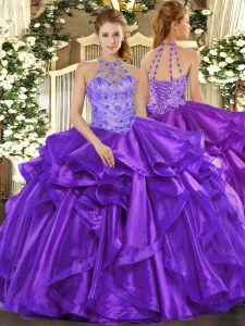 Smart Floor Length Purple Quinceanera Dresses Organza Sleeveless Beading and Embroidery and Ruffles