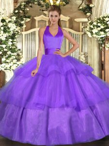 Top Selling Tulle Halter Top Sleeveless Lace Up Ruffled Layers Quinceanera Gowns in Lavender
