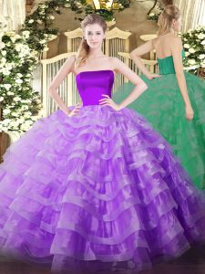 Elegant Lilac Zipper Strapless Ruffled Layers Sweet 16 Dress Tulle Sleeveless