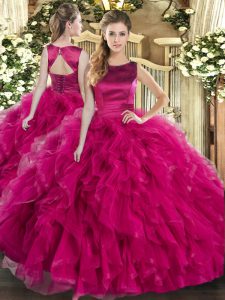 Luxury Fuchsia Ball Gowns Scoop Sleeveless Tulle Floor Length Lace Up Ruffles Quinceanera Gowns