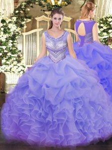Discount Lavender Lace Up Vestidos de Quinceanera Beading and Ruffles and Pick Ups Sleeveless Floor Length