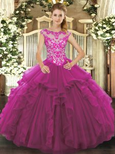 Simple Fuchsia Ball Gowns Organza Scoop Sleeveless Beading and Ruffles Floor Length Lace Up Sweet 16 Dress