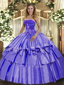 Nice Strapless Sleeveless Organza and Taffeta Quince Ball Gowns Beading and Ruffled Layers Lace Up