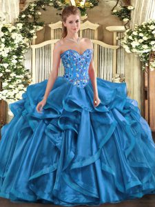 Dynamic Sweetheart Sleeveless Organza Quince Ball Gowns Embroidery and Ruffles Lace Up