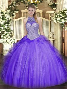  Lavender Ball Gowns Tulle Halter Top Sleeveless Beading and Ruffles Floor Length Lace Up Ball Gown Prom Dress