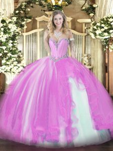 Fine Floor Length Lilac Ball Gown Prom Dress Tulle Sleeveless Beading and Ruffles