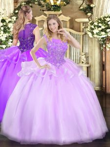 Smart Scoop Sleeveless 15th Birthday Dress Floor Length Beading Lilac Organza