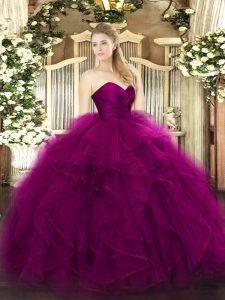 Most Popular Sweetheart Sleeveless Ball Gown Prom Dress Floor Length Ruffles Fuchsia Tulle