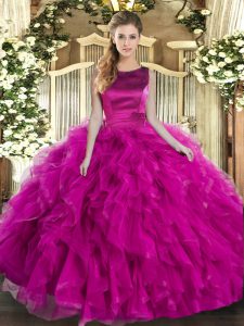 Dynamic Scoop Sleeveless Lace Up Sweet 16 Dress Fuchsia Tulle