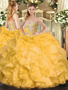 Fashion Gold Ball Gowns Beading and Ruffles 15th Birthday Dress Lace Up Organza Sleeveless Floor Length