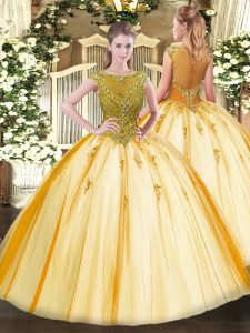 Hot Selling Gold Lace Up Scoop Beading Quinceanera Gowns Tulle Cap Sleeves