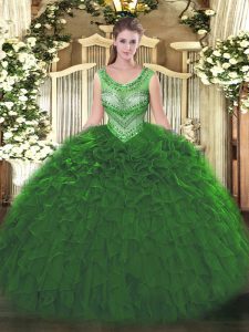 Dazzling Sleeveless Floor Length Beading and Ruffles Lace Up Quinceanera Dress with Green