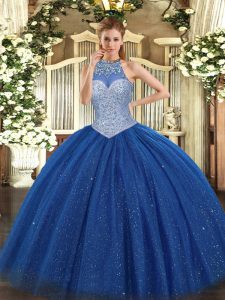  Royal Blue Lace Up Quinceanera Gowns Beading Sleeveless Floor Length