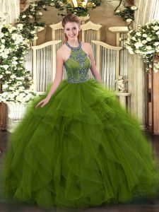 Chic Floor Length Lace Up 15th Birthday Dress Olive Green for Military Ball and Sweet 16 and Quinceanera with Beading and Ruffles