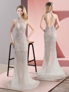  Sweep Train Mermaid Prom Party Dress Champagne Halter Top Tulle Sleeveless Backless