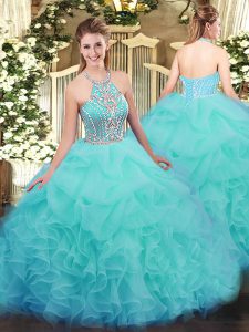 High Quality Sleeveless Floor Length Ruffles Lace Up Quinceanera Dresses with Aqua Blue