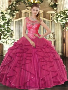 Stylish Scoop Sleeveless 15th Birthday Dress Floor Length Beading and Ruffles Hot Pink Tulle