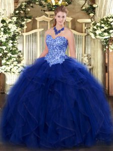  Blue Organza Lace Up Quinceanera Gowns Sleeveless Floor Length Appliques and Ruffles