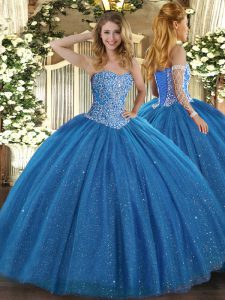  Blue Ball Gowns Tulle Sweetheart Sleeveless Beading Floor Length Lace Up Quinceanera Dresses