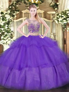  Purple Two Pieces Tulle Scoop Sleeveless Beading and Ruffled Layers Floor Length Lace Up 15th Birthday Dress
