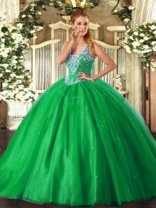  Green Ball Gowns Beading Quinceanera Dress Lace Up Tulle Sleeveless Floor Length
