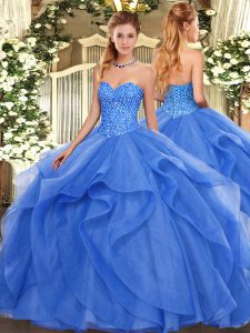 Custom Made Sweetheart Sleeveless Ball Gown Prom Dress Floor Length Beading and Ruffles Blue Tulle