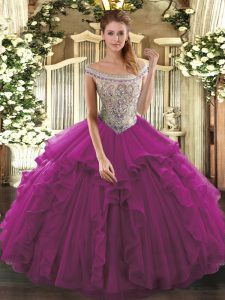 Gorgeous Off The Shoulder Sleeveless 15 Quinceanera Dress Floor Length Beading and Ruffles Fuchsia Organza