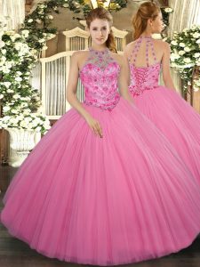 Stylish Rose Pink Lace Up Halter Top Beading Sweet 16 Quinceanera Dress Tulle Sleeveless
