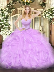  Lavender Sleeveless Floor Length Beading and Ruffles Lace Up Quinceanera Gowns