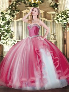 Captivating Coral Red Tulle Lace Up 15 Quinceanera Dress Sleeveless Floor Length Beading and Ruffles