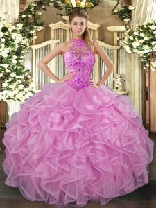 Affordable Halter Top Sleeveless Vestidos de Quinceanera Floor Length Beading and Embroidery and Ruffles Lilac Organza